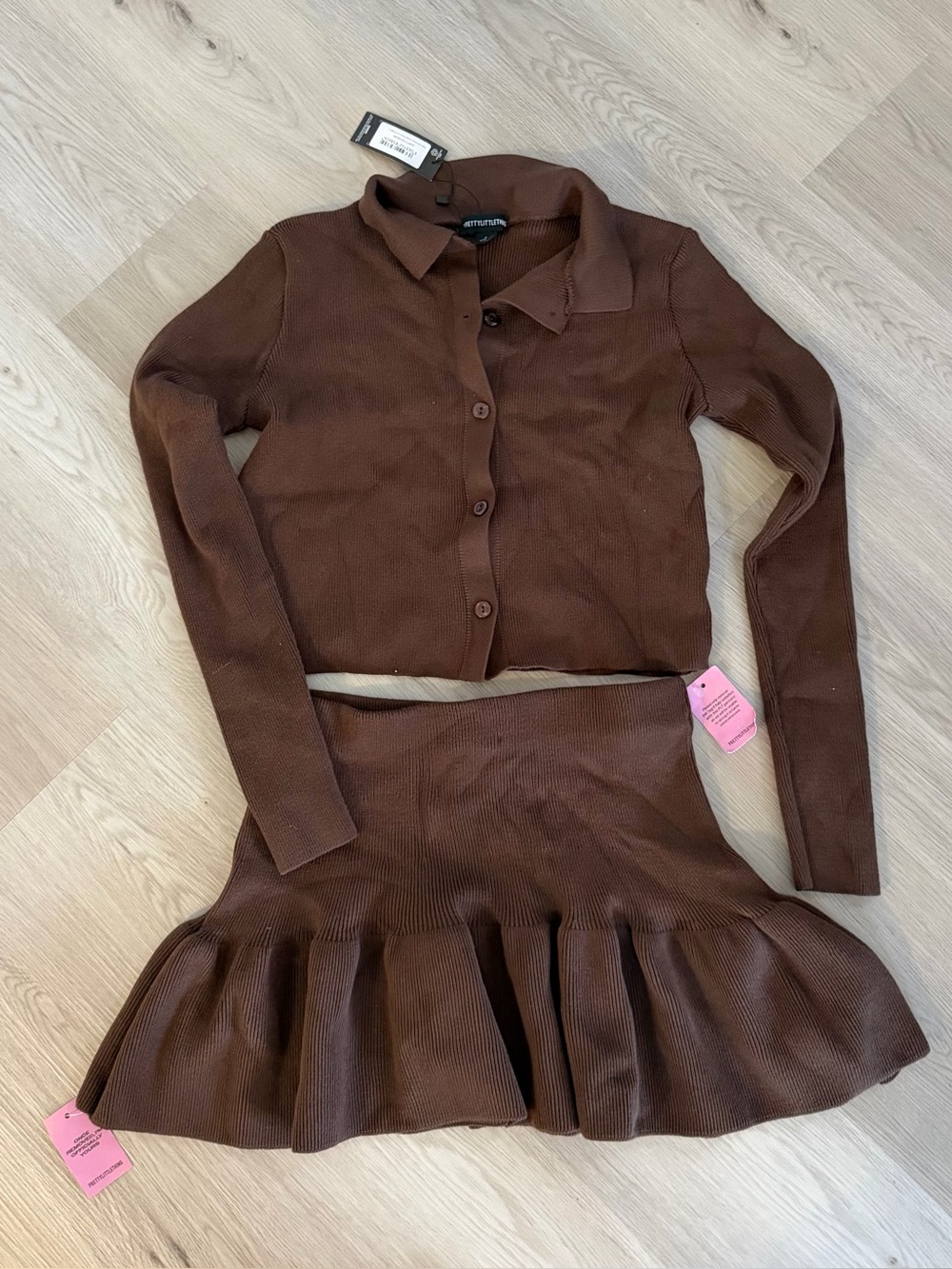 PrettyLittleThing Chocolate Brown Knit Two-Piece Skirt Set